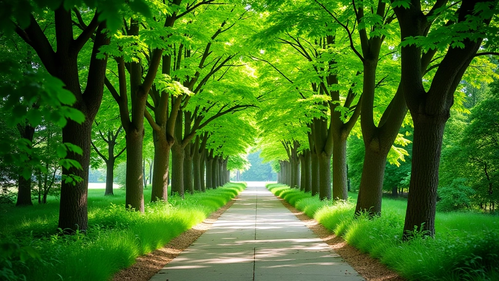 Walking path lined with stone edges and overhanging tree branches creating natural shade tunnel effect