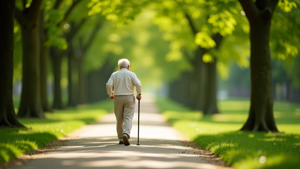 Older adult aged 65 in comfortable walking attire on forest trail, demonstrating proper posture and form