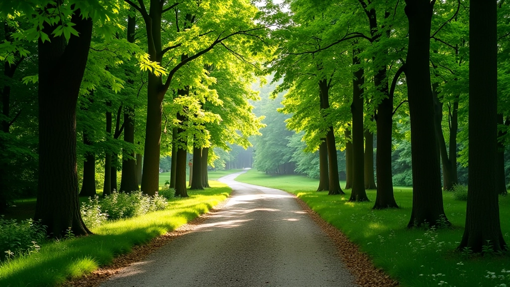 Shaded forest pathway with morning light filtering through maple canopy, peaceful natural setting, comfortable walking conditions