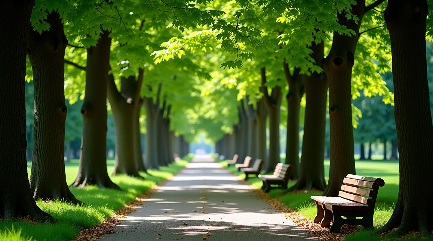 Shaded pathway through maple tree canopy with benches along the side in openskycreationėnai Arboretum