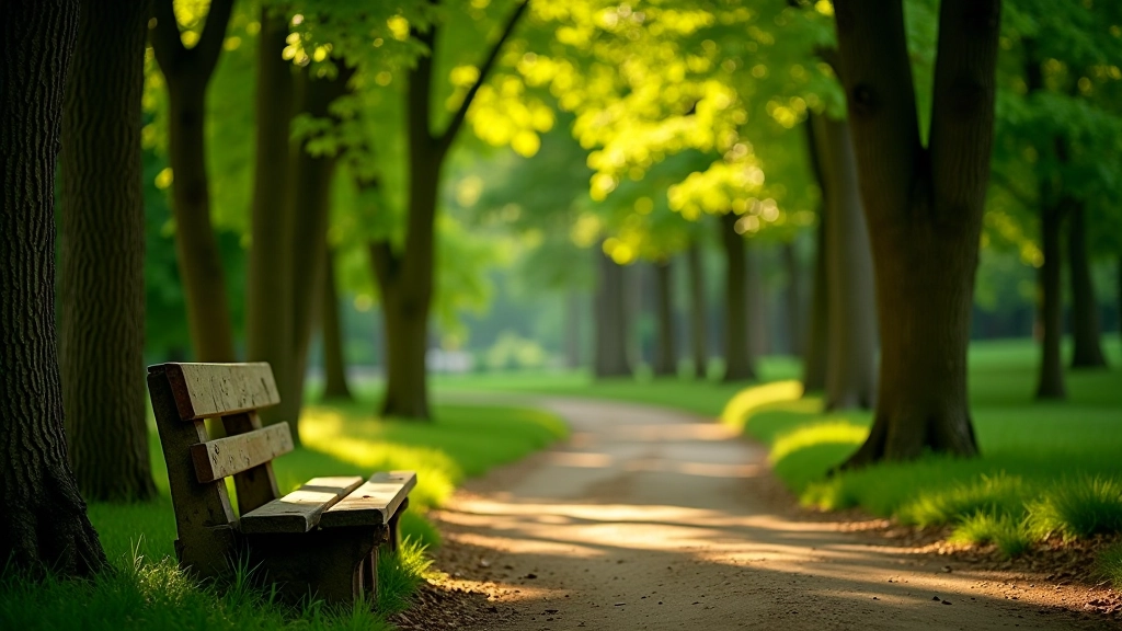 Wooden bench situated in shade beneath tall trees with a clear view of the arboretum grounds