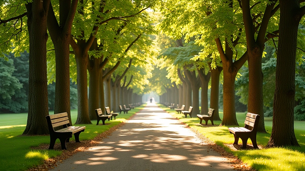 A peaceful bench seating area along an arboretum shade trail