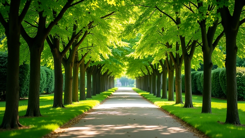 Arboretum pathway with maple trees creating natural tunnel of shade, dappled light on ground, peaceful walking environment