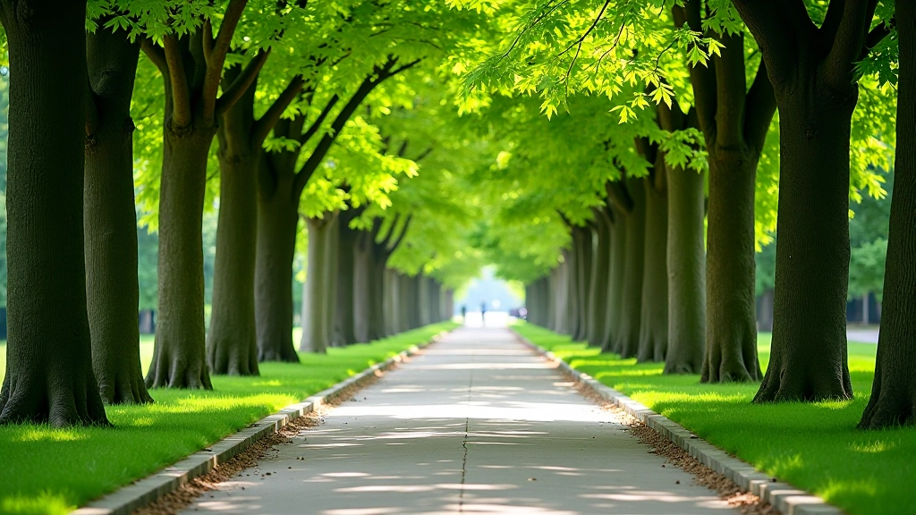 Walking path through shaded arboretum with tree-lined edges creating natural tunnel